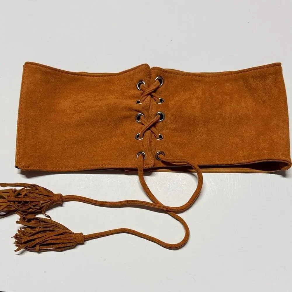 Faux Suede Lace-Up Corset Belt Tan Small